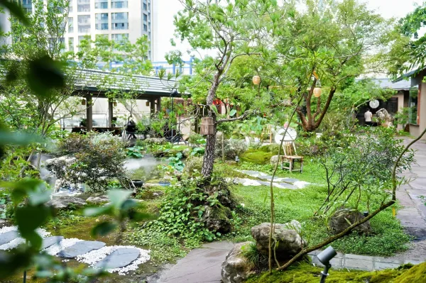 从廊下望出去的庭院全景,水系绕着草木