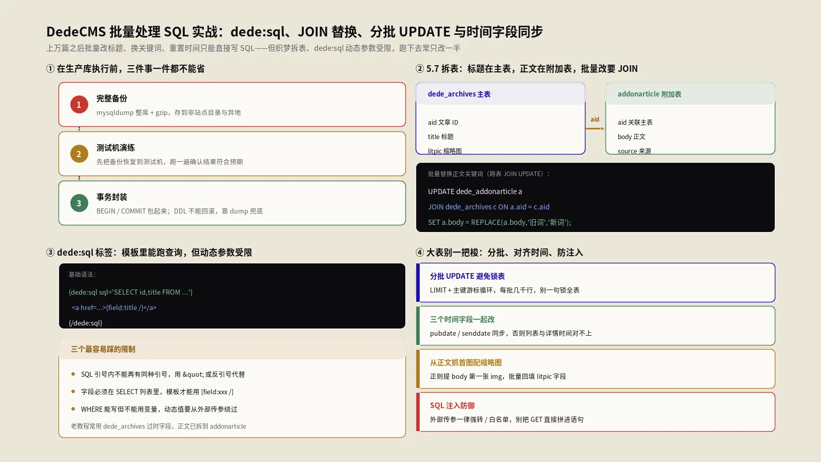 DedeCMS批量处理SQL实战指南：dede:sql调用、JOIN替换、分批UPDATE与时间字段同步