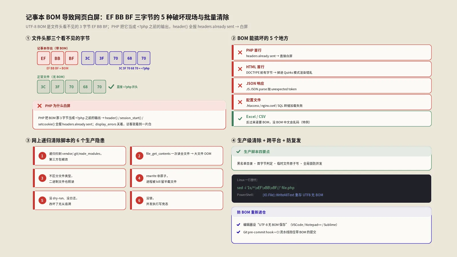 记事本BOM导致网页白屏完全排查指南：批量清除脚本与5种破坏现场