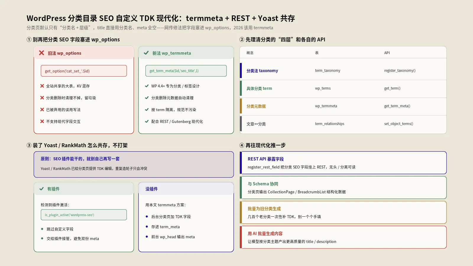 WordPress分类目录SEO自定义TDK现代化方案：termmeta API+REST字段+Yoast共存策略