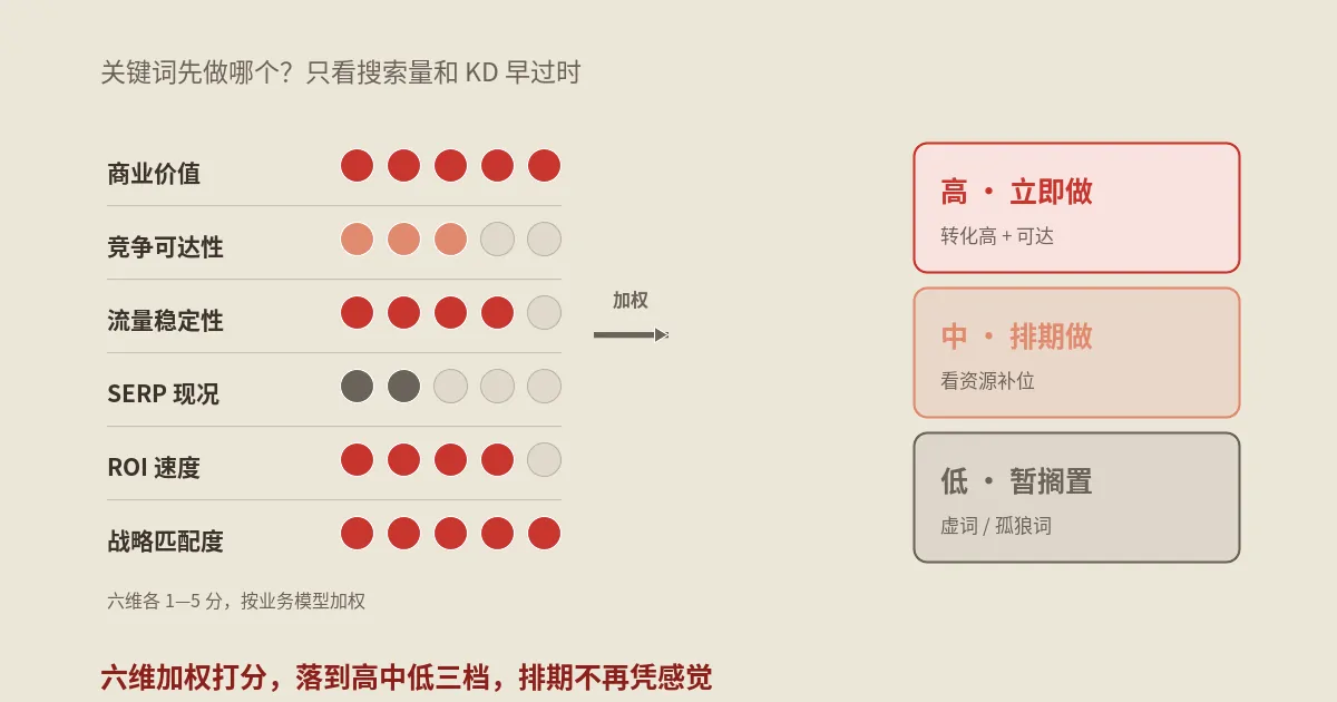 关键词优先级评分6维度3档决策矩阵
