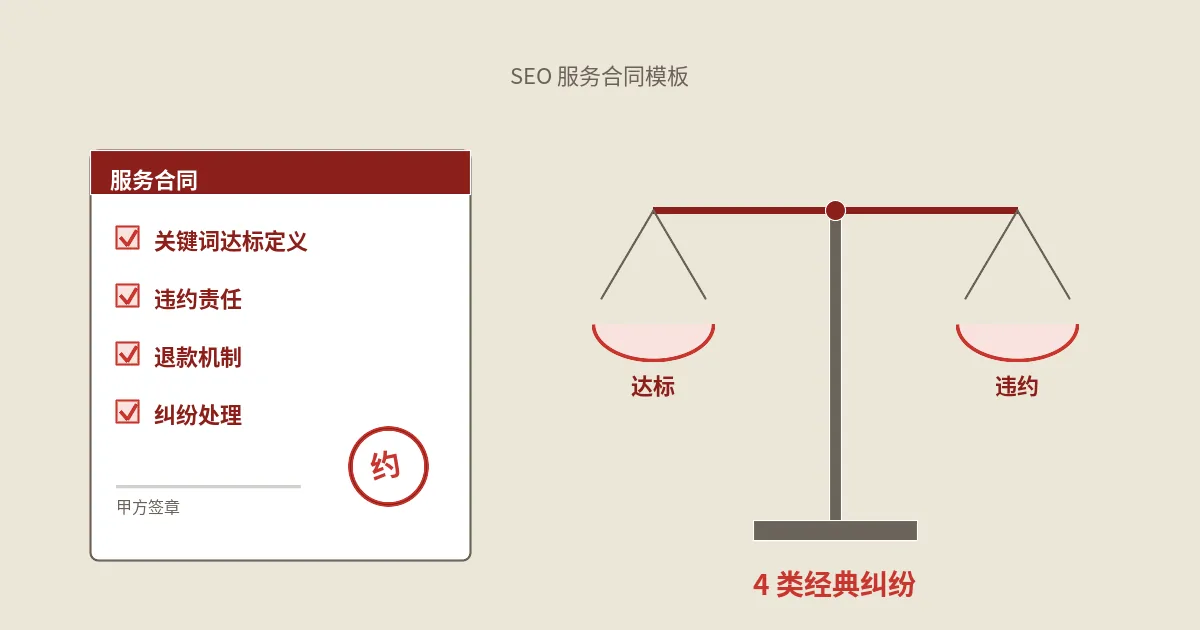 SEO服务合同模板完整版：达标定义、违约责任、退款机制与四大经典纠纷案例分析