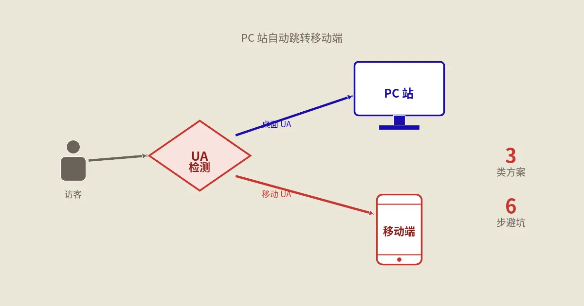 手机端访问PC站自动跳转移动端完整方案：3类+6步避坑