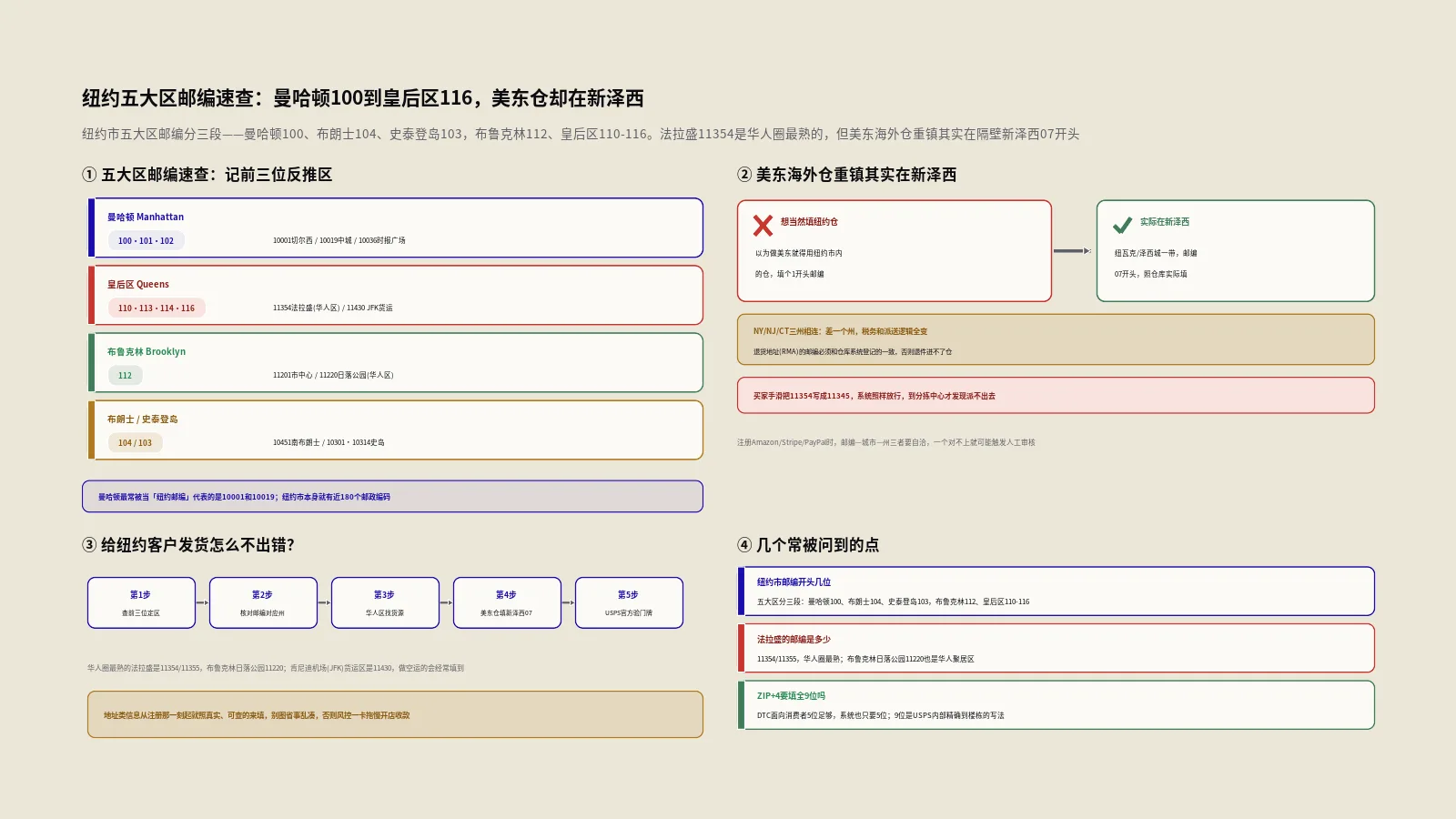 纽约邮政编码查询：五大区ZIP速查表与跨境发货填写指南