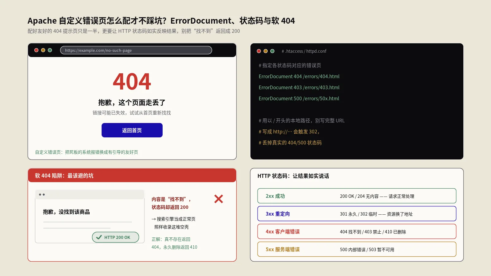 Apache自定义错误页怎么配才不踩坑？ErrorDocument、状态码与软404全解
