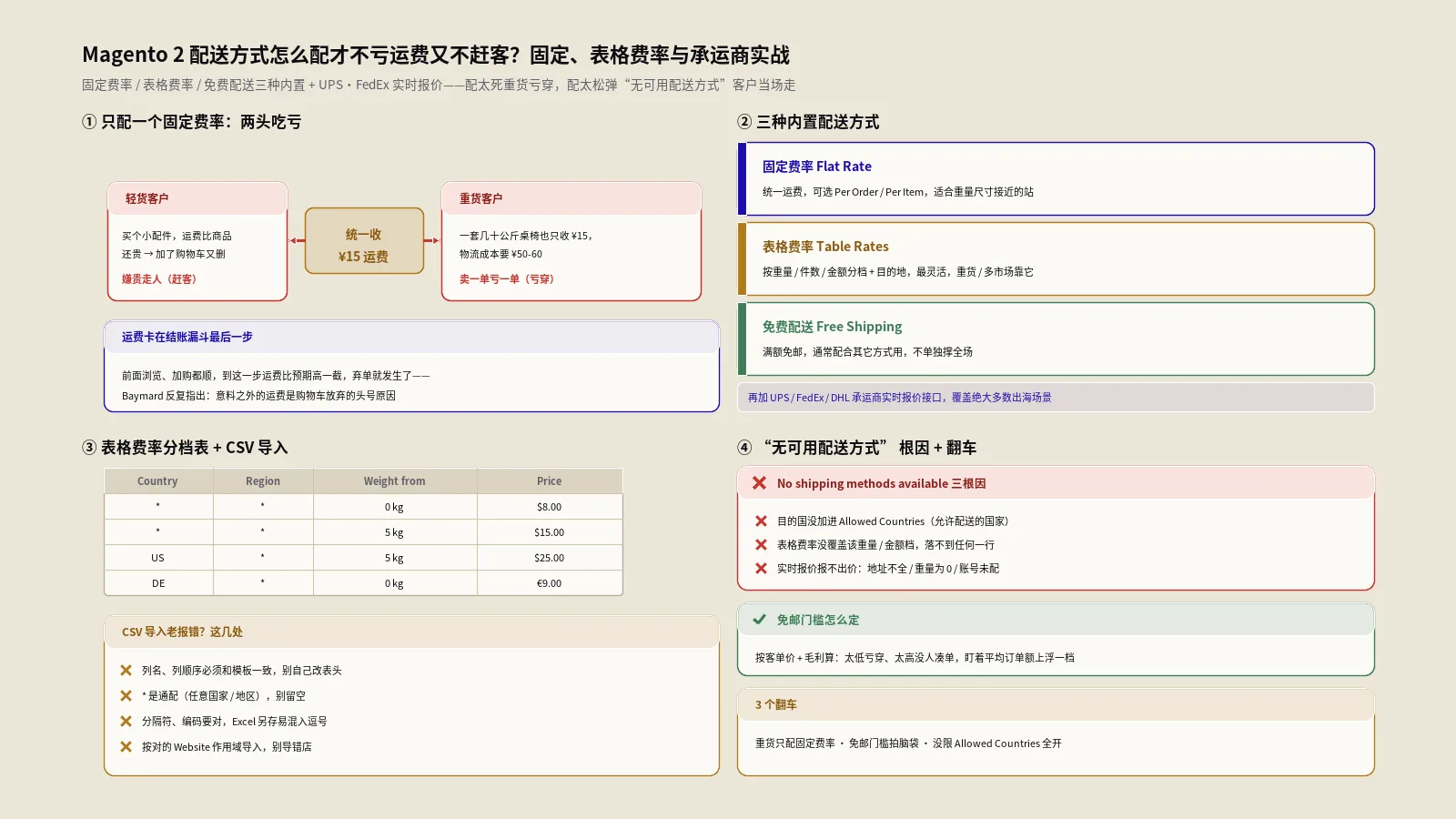 Magento 2配送方式怎么配才不亏运费又不赶客？固定、表格费率与承运商实战