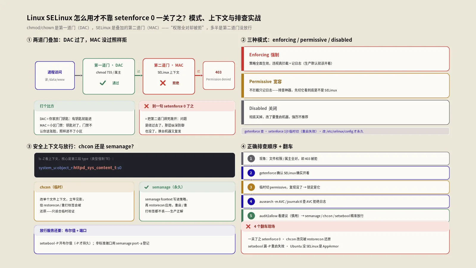 Linux SELinux怎么用才不靠setenforce 0一关了之？模式、上下文与排查实战