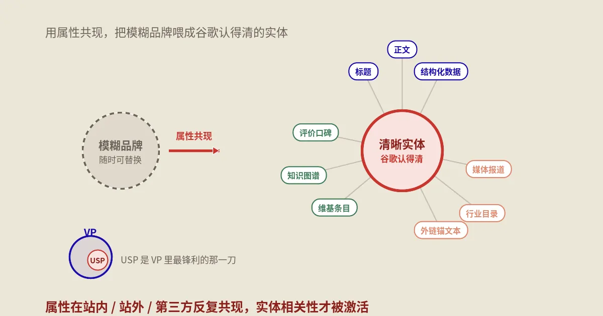 VP和USP是什么:用属性共现把模糊品牌喂成谷歌认得清的实体