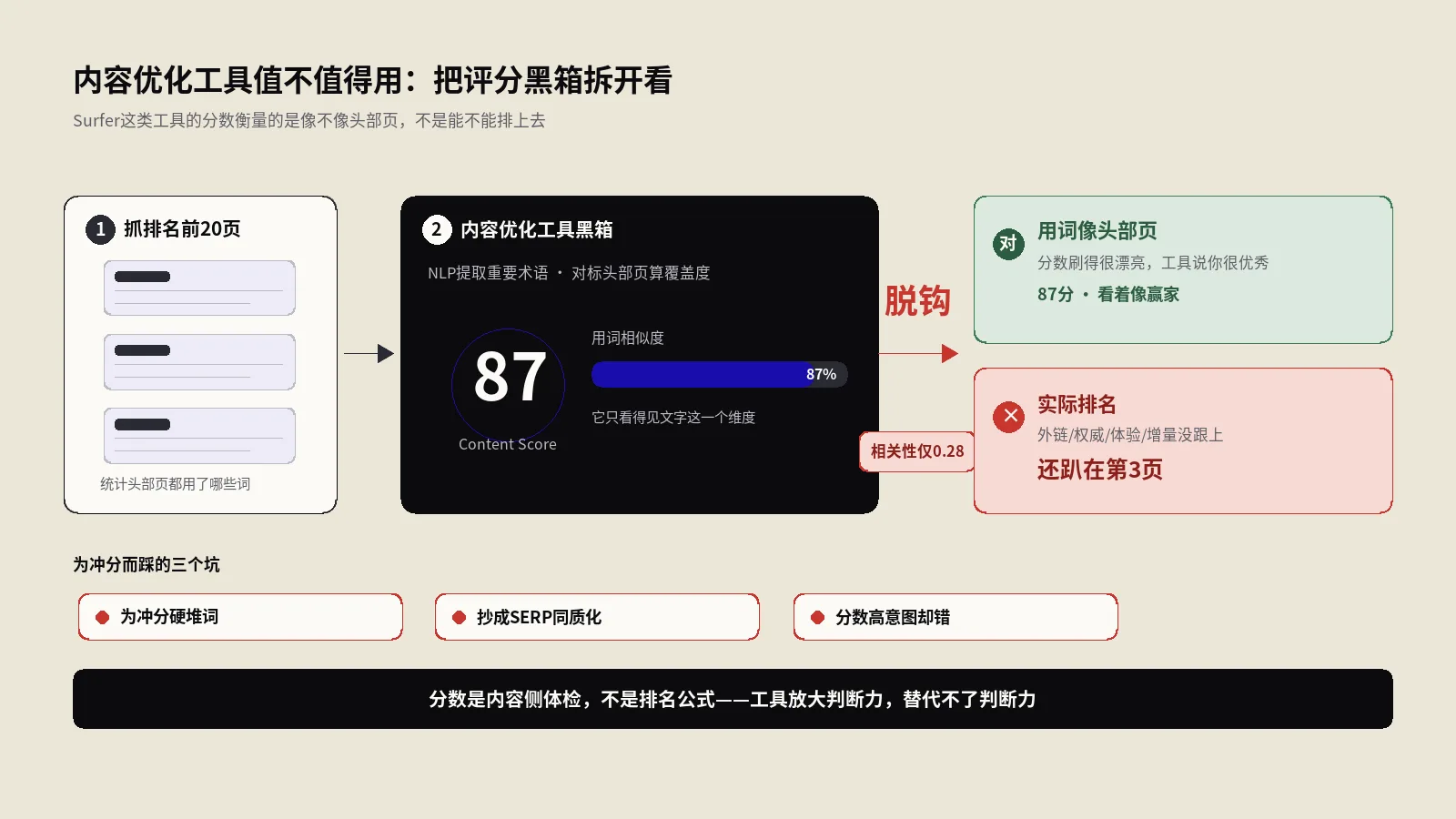 内容优化工具值不值得用？Surfer这类NLP评分工具的真相、正确用法和堆词陷阱